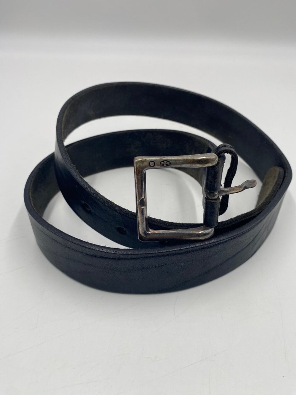 Black Leather Belt 34 Spain Laser Cut Detail Mens Size 36 Silver Buckle 1.25" W
